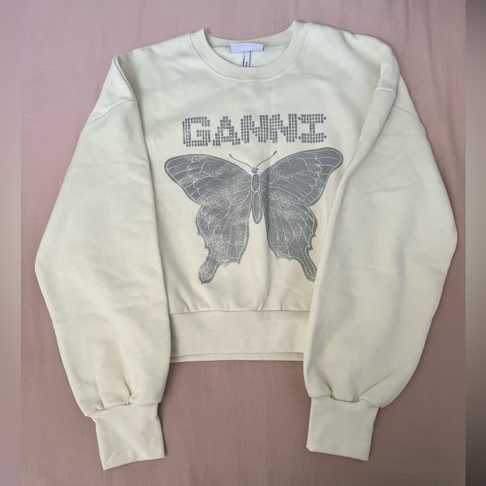 Ganni Cream Sweatshirt with Gray Butterfly Design